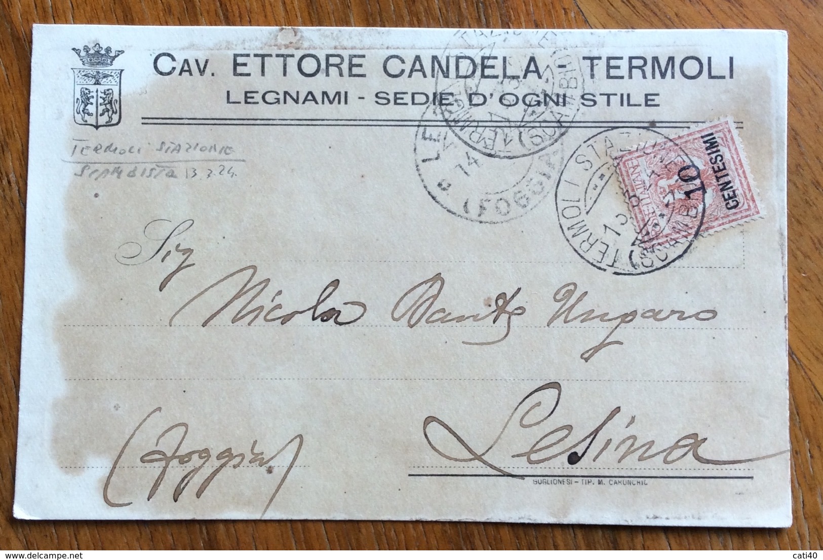 TERMOLI STAZIONE (SCAMBIO) 13/3/24  LEGNAMI SEDIE ETTORE CANDELA  CARTOLINA  A STAMPA PER LESINA  FOGGIA - Pubblicitari