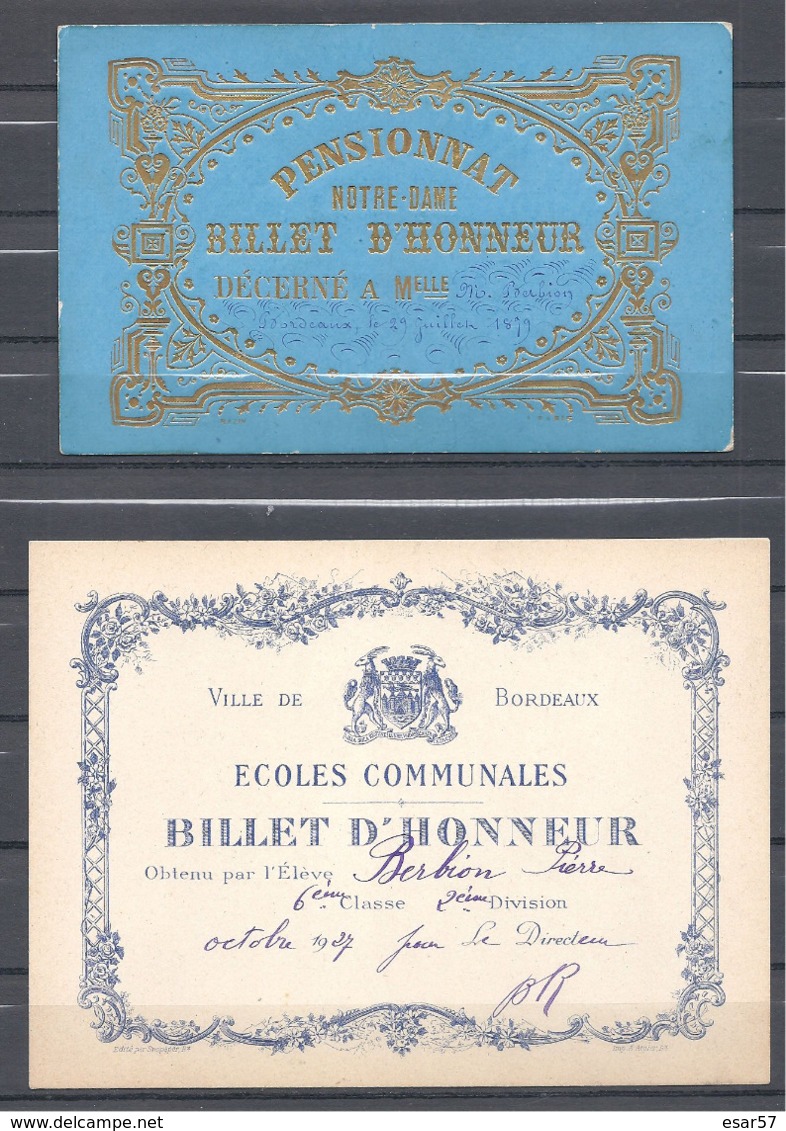 BORDEAUX Très Beau Lot De Billets D'honneur Dont Un De 1879 - Diplômes & Bulletins Scolaires