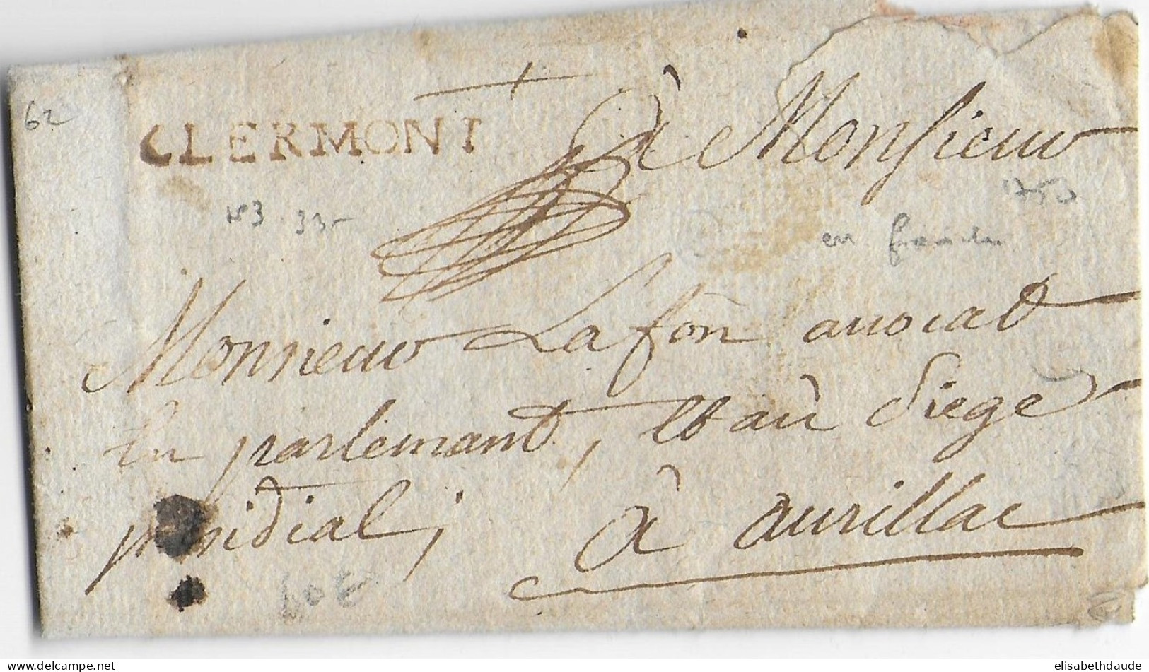 1750 - LETTRE De CLERMONT MARQUE LINEAIRE ROUGE - PUY DE DOME - 1701-1800: Précurseurs XVIII