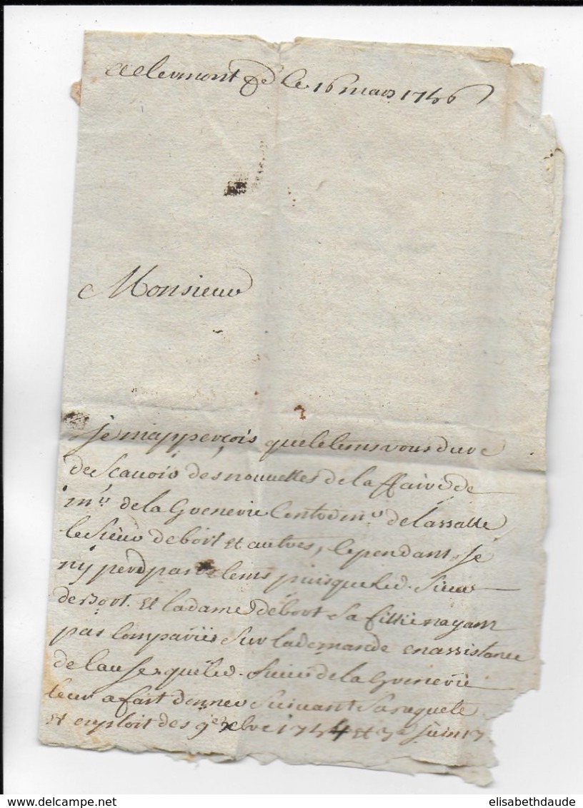 1750 - LETTRE De CLERMONT MARQUE LINEAIRE ROUGE - PUY DE DOME - 1701-1800: Précurseurs XVIII