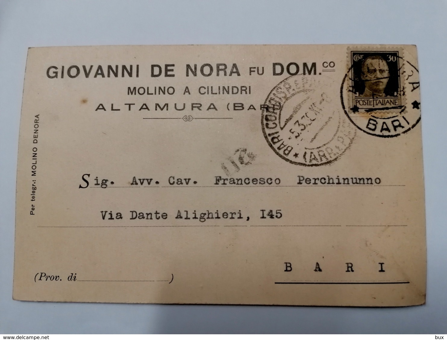 1938 ALTAMURA    TESTATINA  MOLINO A CILINDRI   DE NORA        BARI PUGLIA   VIAGGIATA  COME DA FOTO  FORMATO PICCOLO - Altamura