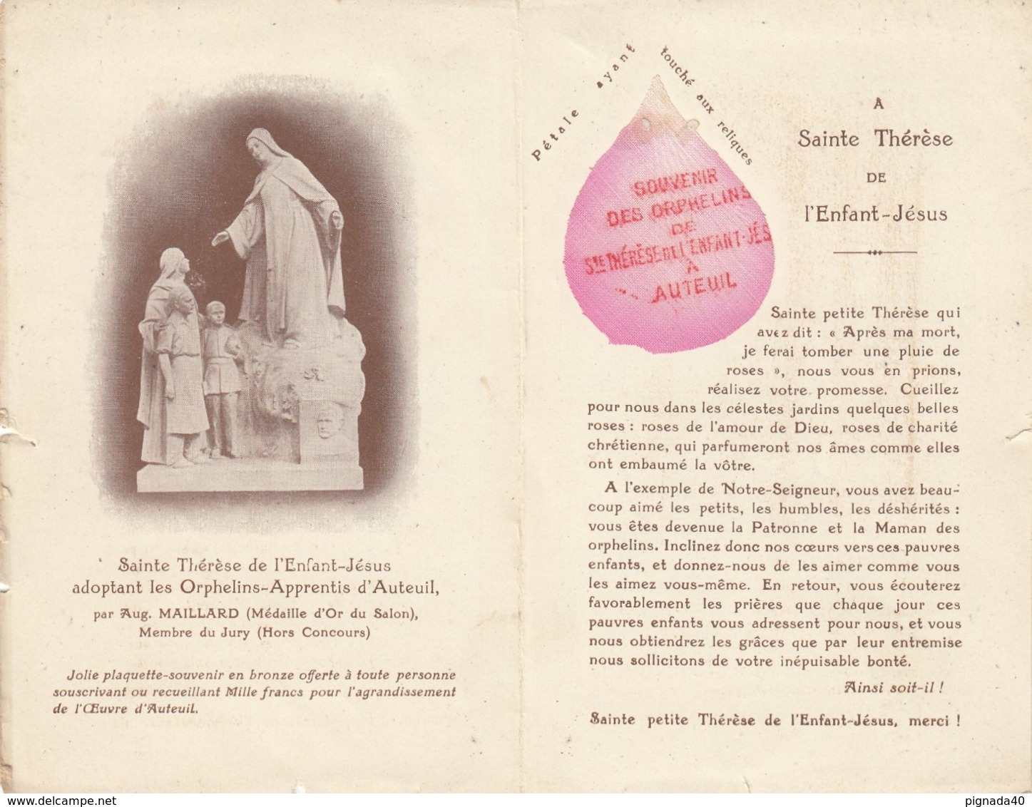 IMAGE RELIGIEUSE , Sainte Thérèse De L'Enfant Jésus , Souvenir De Ses Orphelins Apprentis D'Auteuil - Images Religieuses