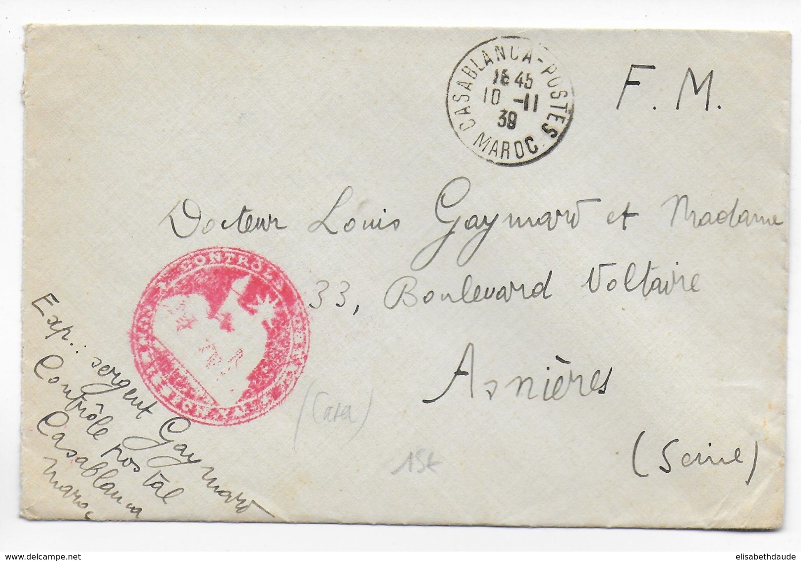 1939 - MAROC - ENVELOPPE FM Du CONTROLE POSTAL ! De CASABLANCA => ASNIERES - Guerre De 1939-45