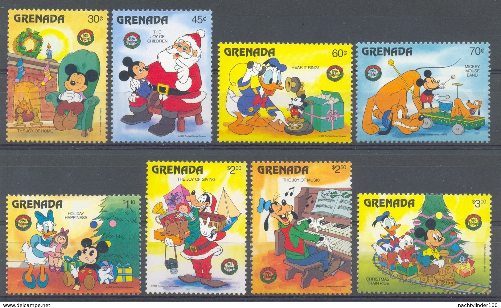 Nap882 WALT DISNEY DONALD GOOFY MICKEY TRAIN TELEPHONE PIANO PHOTOCAMERA CHRISTMAS GRENADA 1986 PF/MNH - Disney