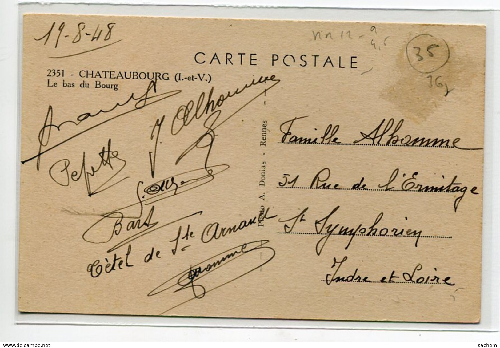 35 CHATEAUBOURG Plutot Rare Le Bas Du Bourg Commerce CAFE Pompe à Essence écrite En Aout 1948  D13 2019 - Autres & Non Classés