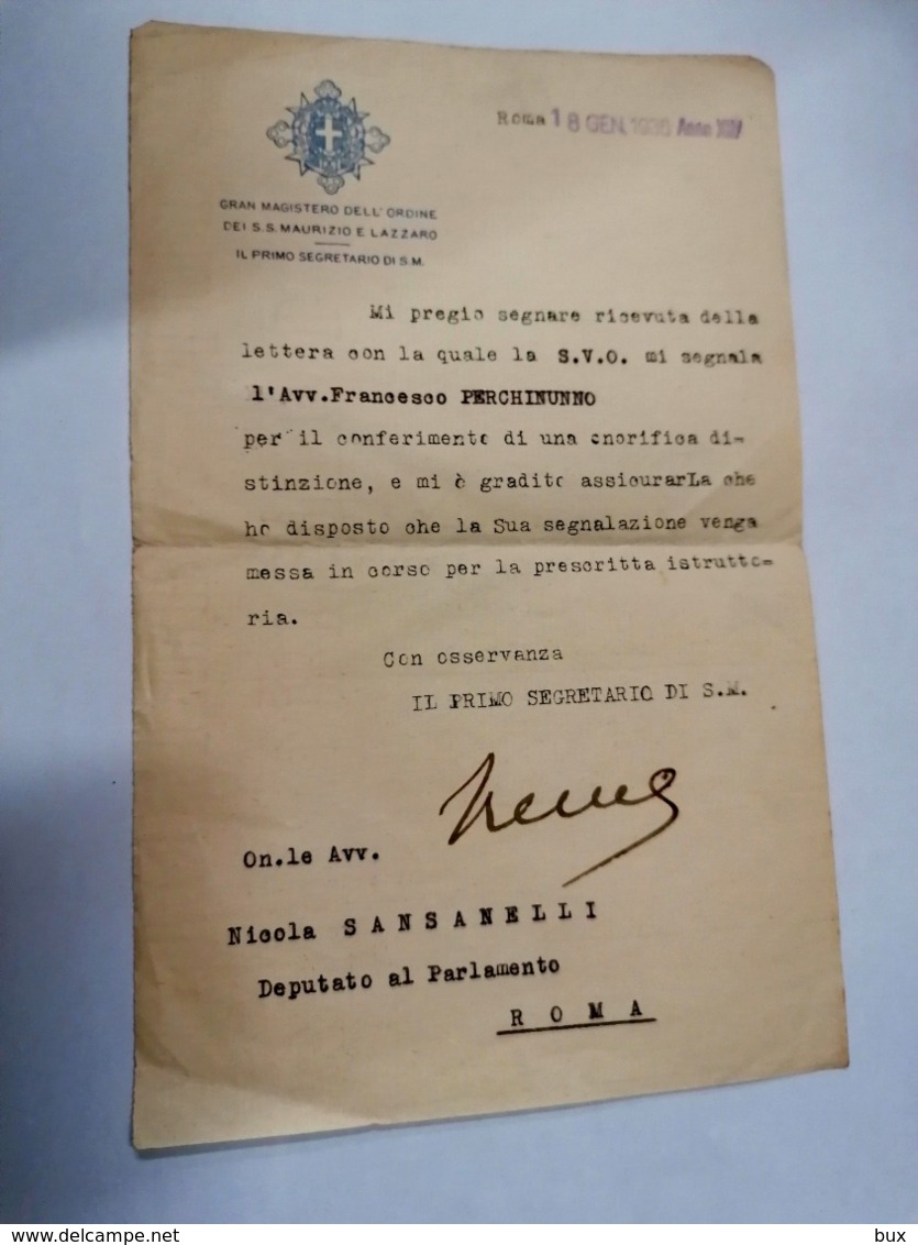 1936  GRAN MAGISTERO DELL'ORDINE  DEI SS MAURIZIO E LAZZARO IL PRIMO SEGRETARIO DI S. M. LETTERA  AUTOGRAFATA - Documenti Storici