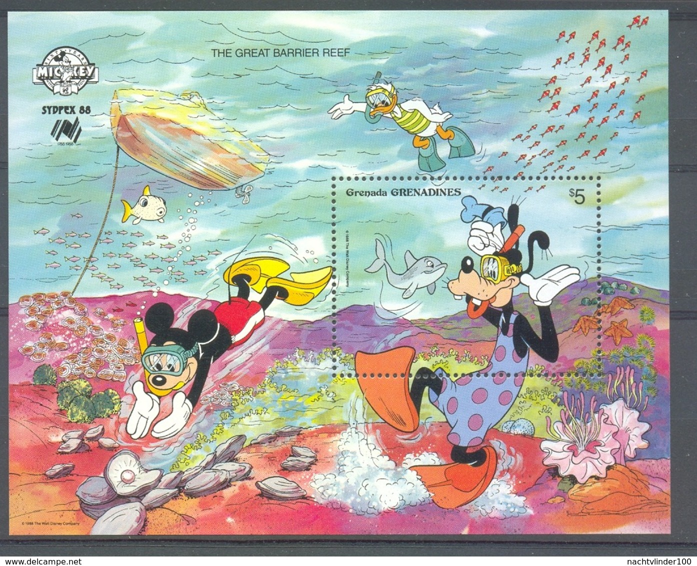 Mum896 WALT DISNEY GOOFY MICKEY DONALD DIVING GREAT BARRIER REEF FISH CORAL SHELL PEARL GRENADA GRENADINES 1988 PF/MNH # - Disney