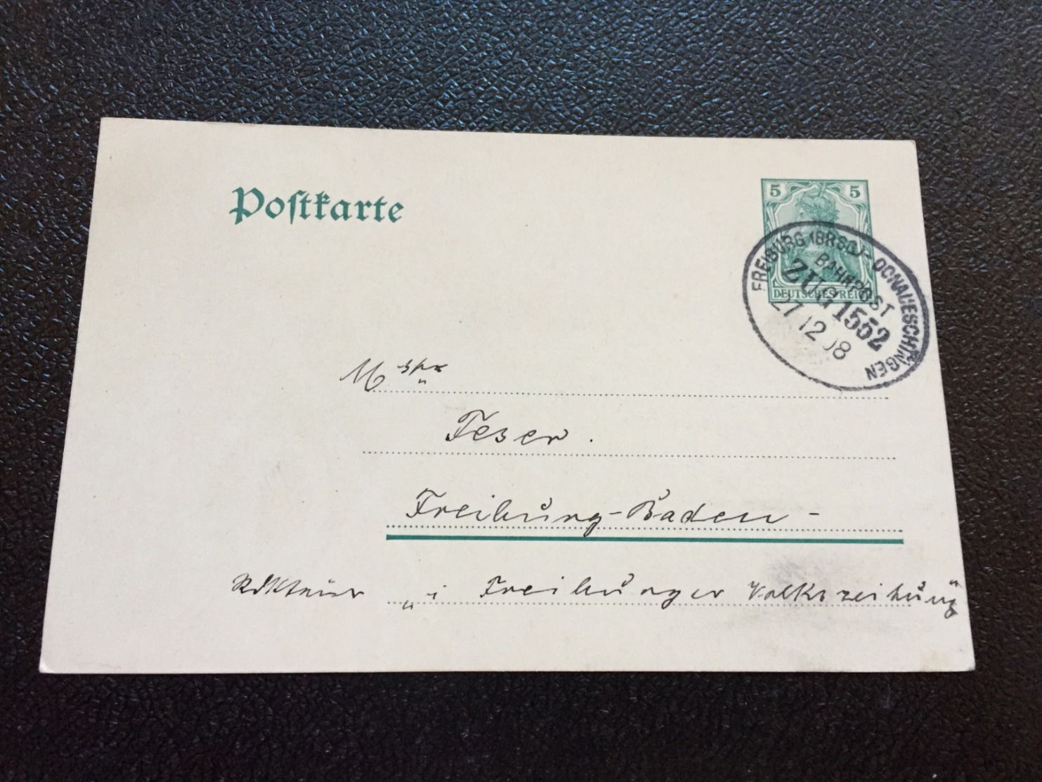 Bahnpost FREIBURG (BRSG.) - DONAUESCHINGEN ZUG 1552  1908 - Briefe U. Dokumente