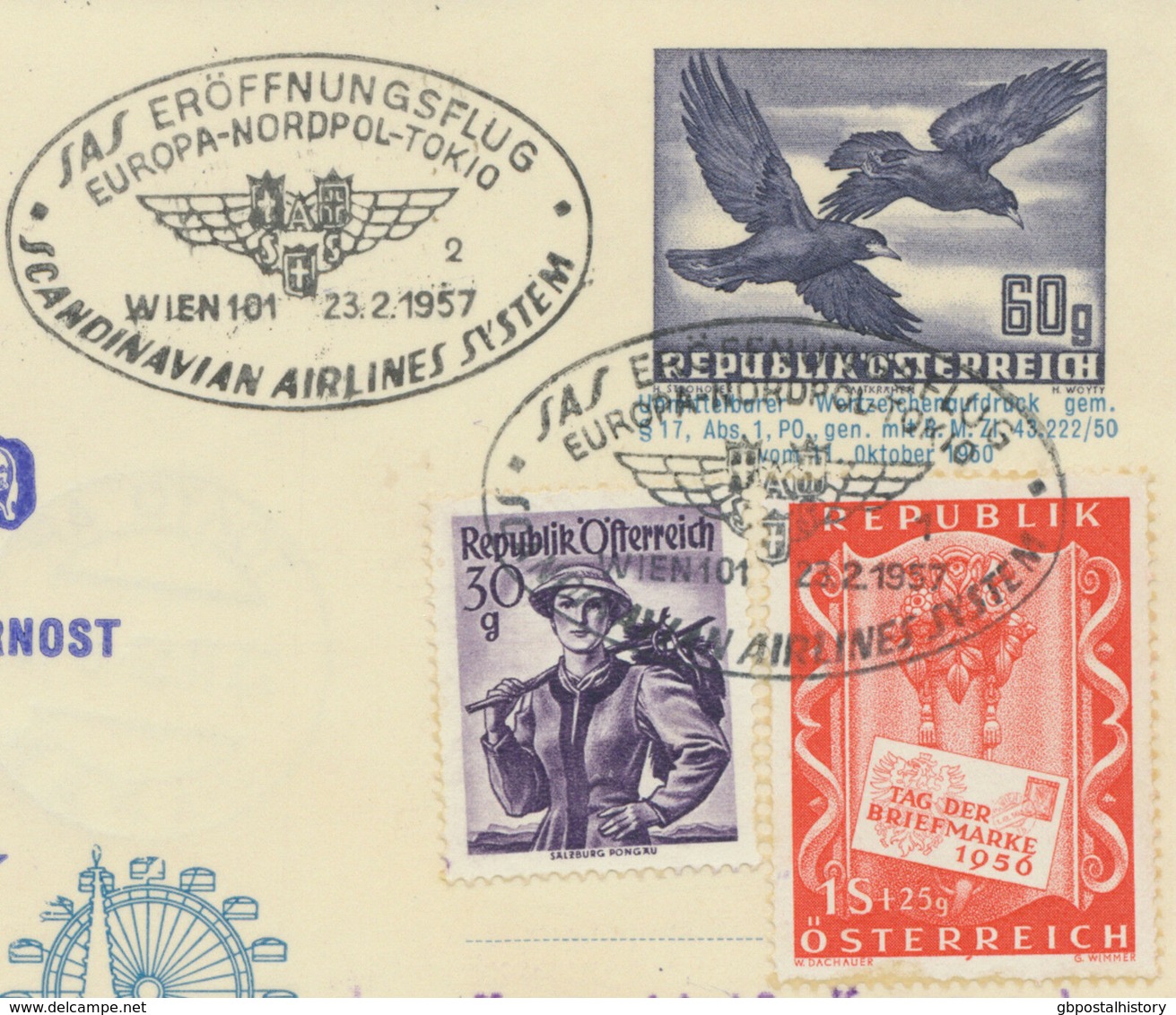 ÖSTERREICH 1957 Erste Direkte Flugverbindung Europa–Nordpol-Tokio „WIEN – TOKYO" - Sonstige & Ohne Zuordnung