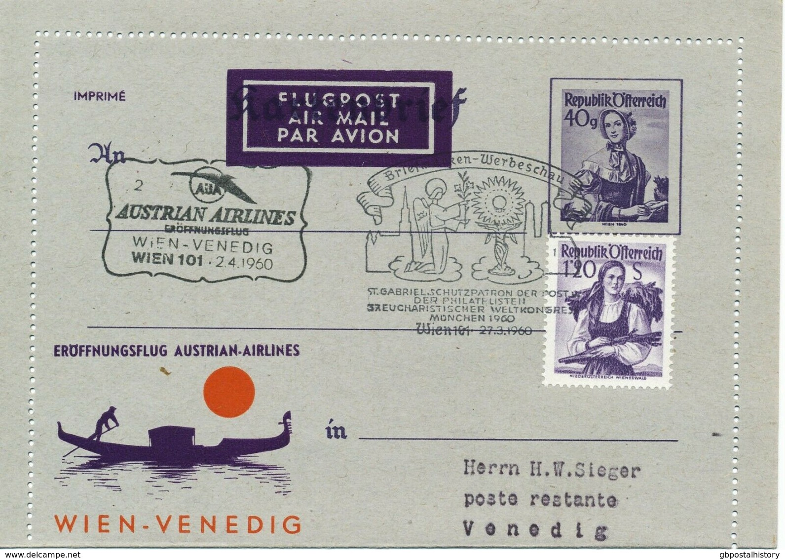 ÖSTERREICH 1960 Kab.-Eröffnungsflug Der AUA Austrian Airlines "Wien - Venedig" - Other & Unclassified