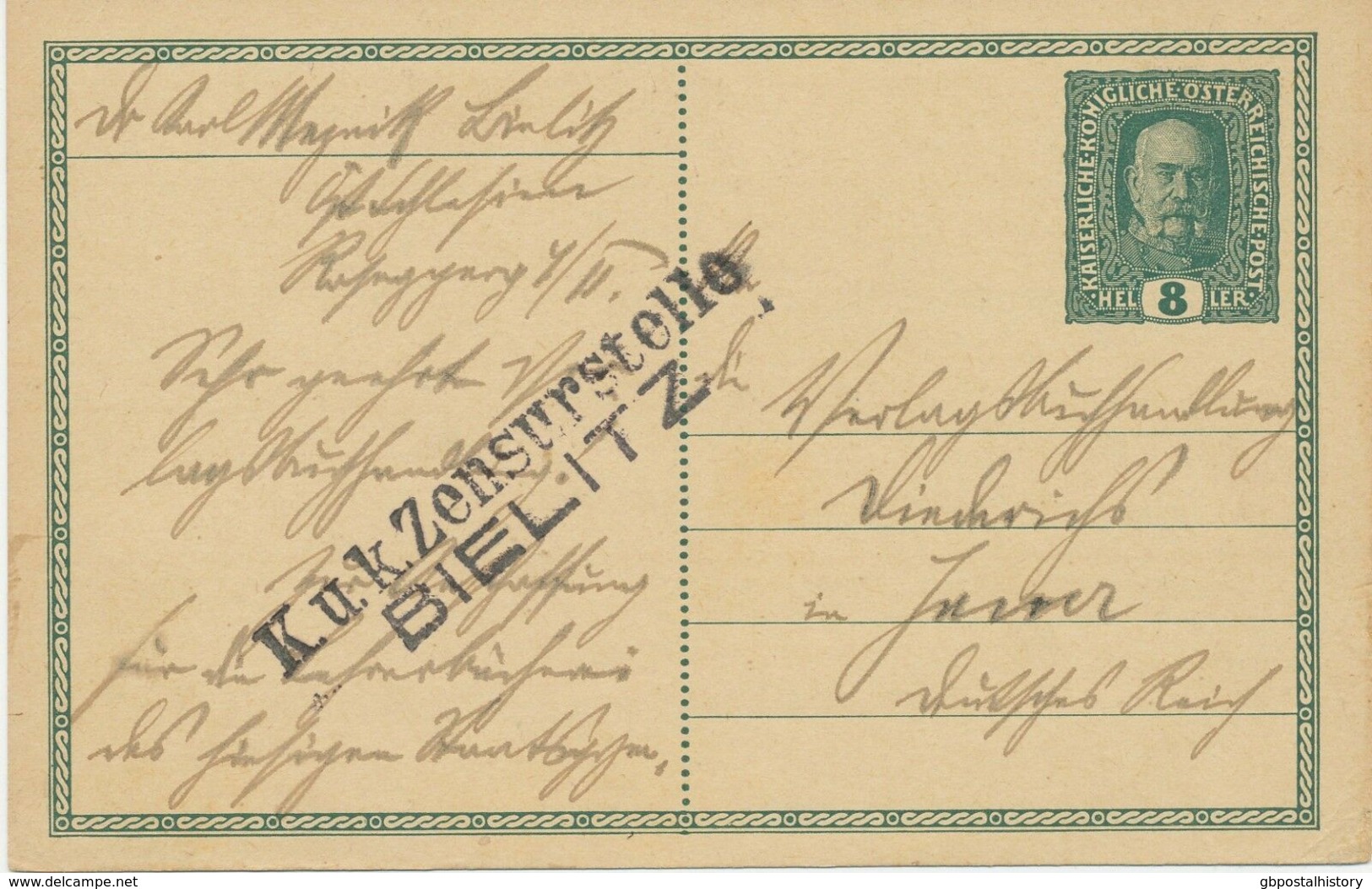 ÖSTERREICH "K.u.K. Zensurstelle / BIELITZ" Bielsko-Biała Polen Zensur-L2 GA 1916 - Lettres & Documents
