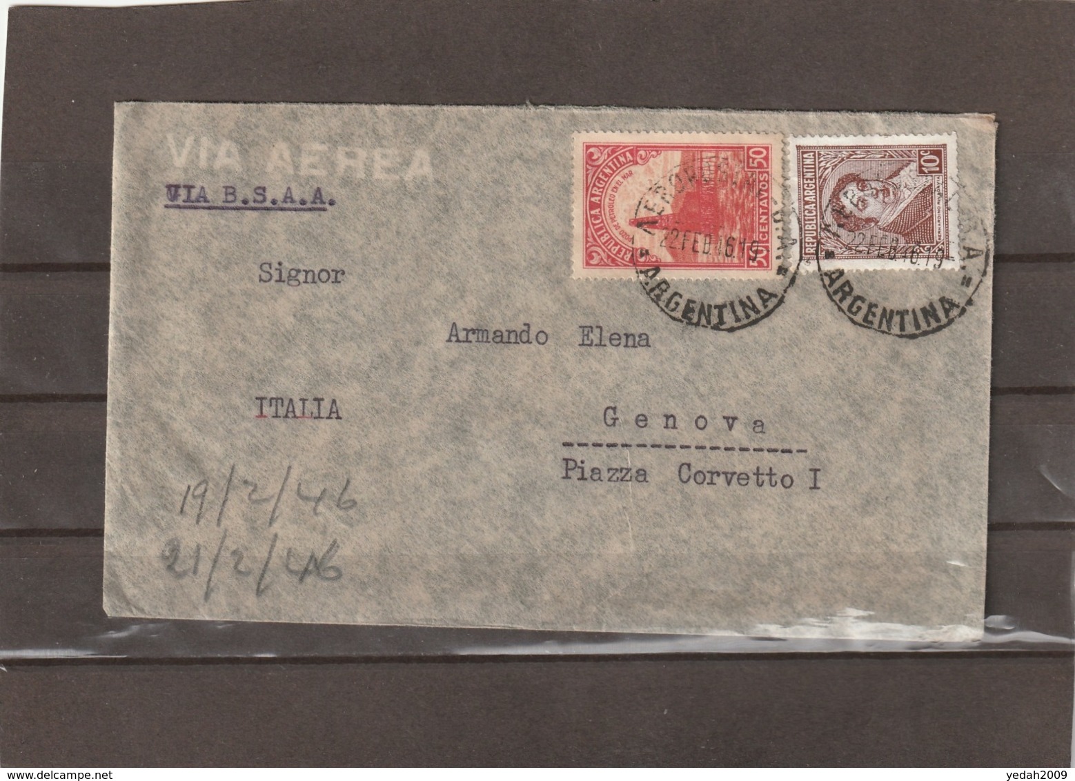 Argentina VIA BSAA AIRMAIL COVER TO Italy 1946 - Poste Aérienne