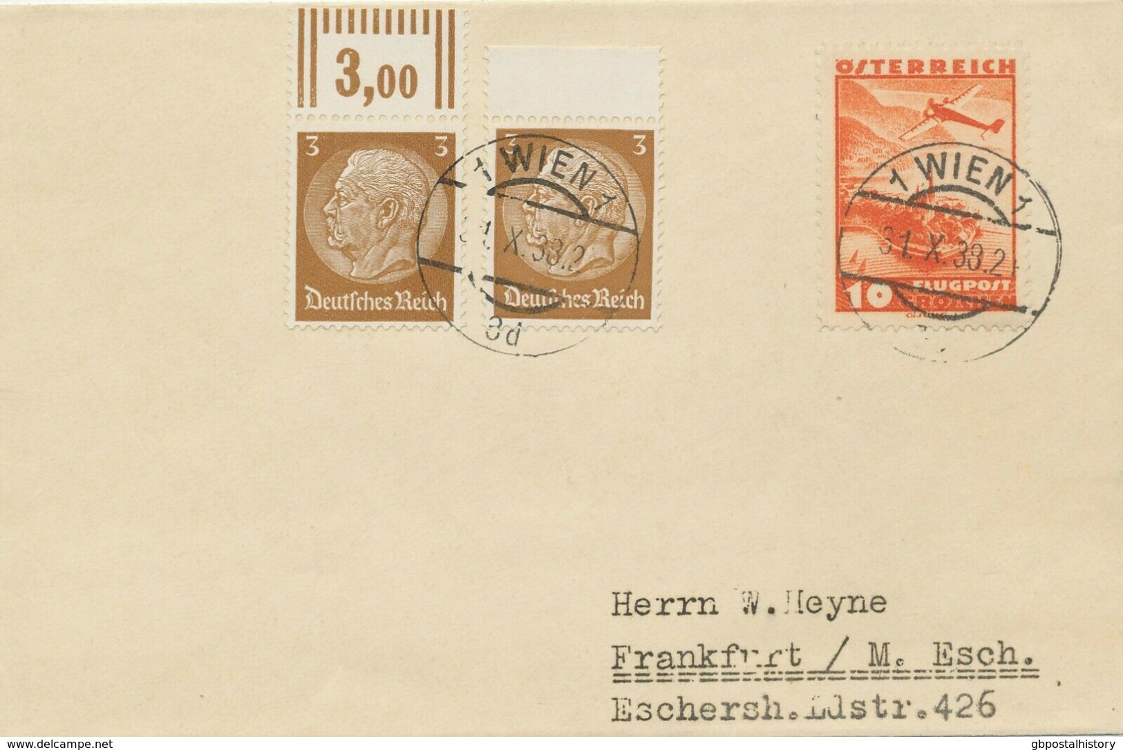 ÖSTERREICH OSTMARK 1938 Flugzeug 10g LETZTAG Sowie Dt.Reich Hindenburg 3Pf (2x) - Storia Postale