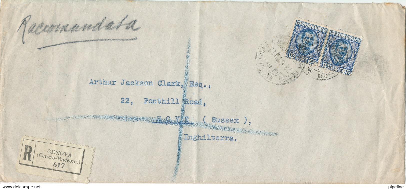 Italy Registered Cover Sent To England Genova 28-6-1929 (bended Cover) - Marcophilie