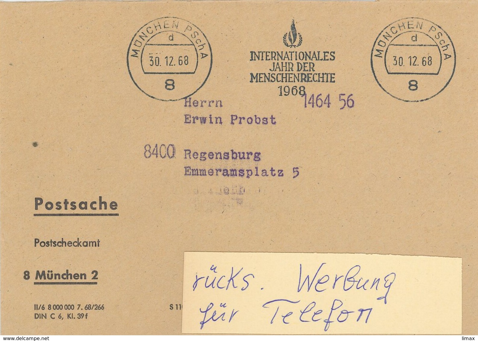 Postsache - München Postscheckamt - 1968 - Internationales Jahr Der Menschenrechte - Rs: Telefonsorgen Tele-Miet-System - Briefe U. Dokumente