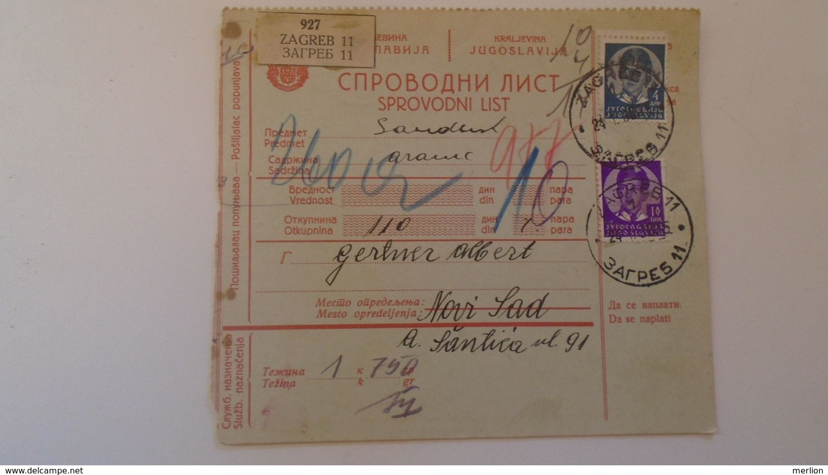 D168163  Yugoslavia - Parcel Card 1938- Zagreb (Croatia)  - Novi Sad  -Serbia - Sonstige & Ohne Zuordnung