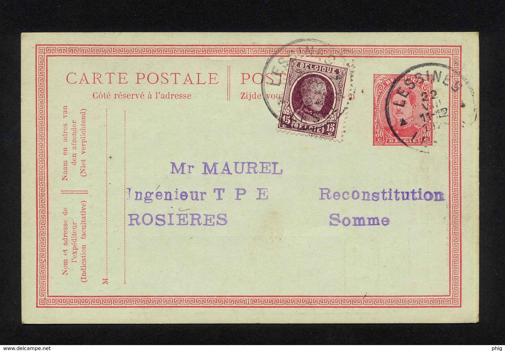 "ENTIER CARTE POSTALE COMMERCIALE POUR EXPEDITION DE LESSINES (BELGIQUE) VERS GUILLAUCOURT (FRANCE)"CACHET DU 22/08/1924 - Postcards 1909-1934