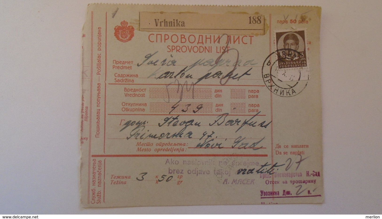 D168173  Yugoslavia - Parcel Card 1938  Vrhnika (Slovenia)   - Novi Sad  -Serbia - Otros & Sin Clasificación