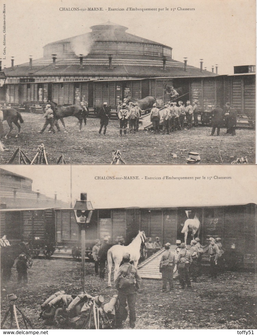 2 CPA:CHALONS SUR MARNE (51) MILITAIRES CHEVAUX TRAIN EXERCICES D'EMBARQUEMENT PAR LE 15e CHASSEURS, - Châlons-sur-Marne