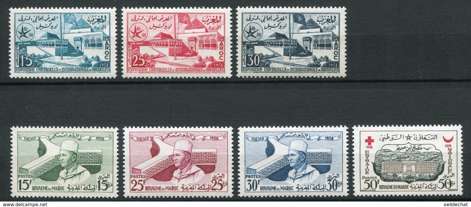 14774 MAROC N° 383/5, 386/8, 389 ** Exposition Universelle, UNESCO, Entraide Nationale   1958  TB/TTB - Marocco (1956-...)