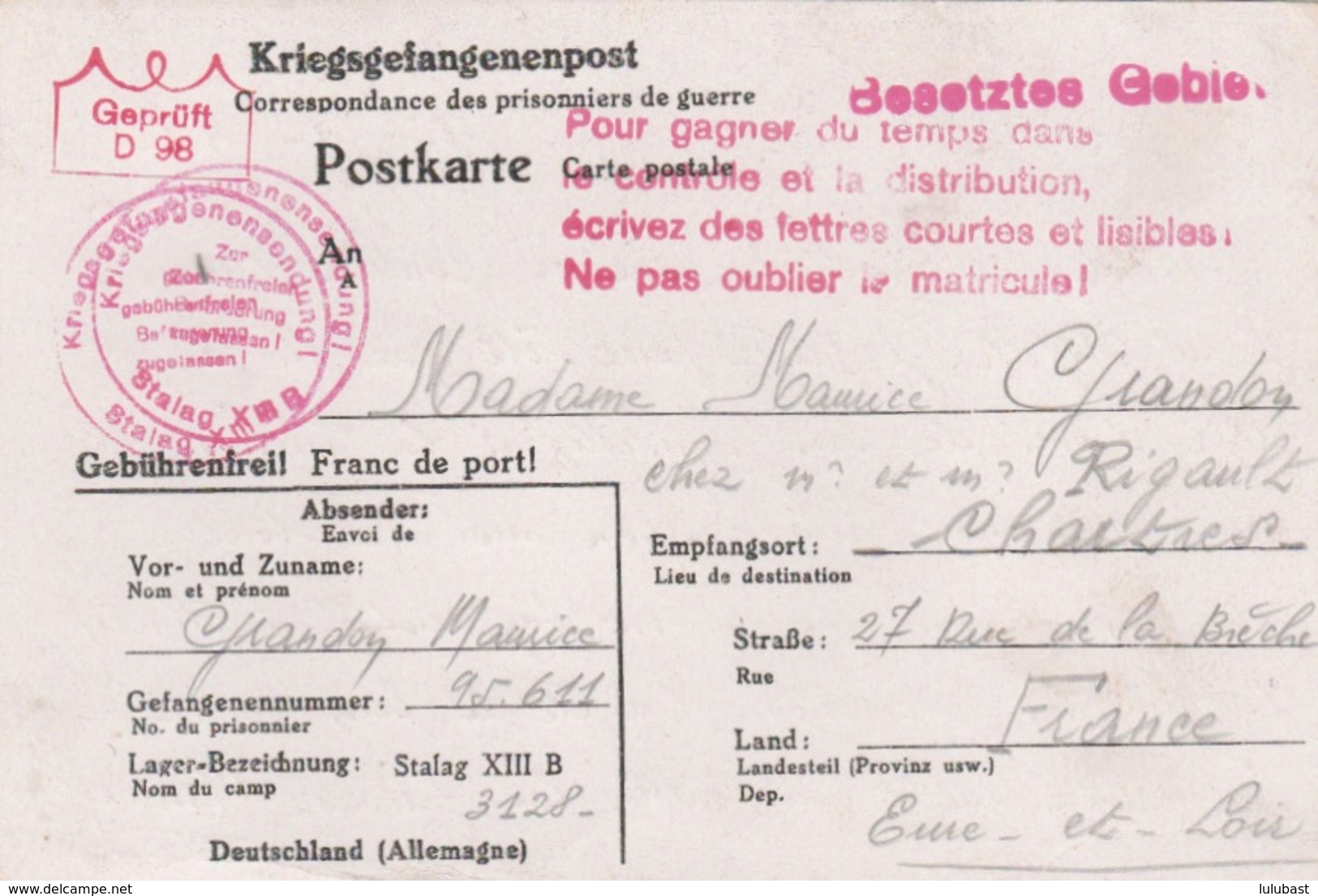 Lettre D'un Prisonnier De Guerre écrite Le 1-1-41 Pour Chartres Avec Divers Cachets . - Guerra Del 1939-45