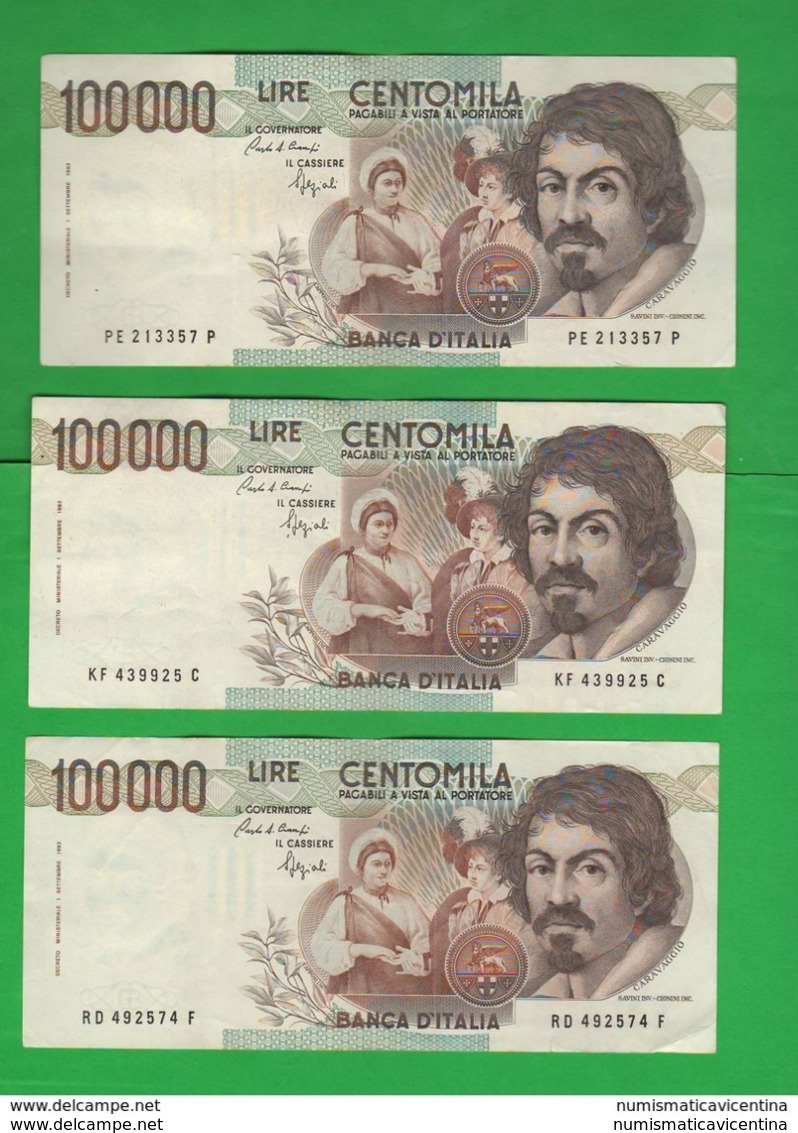 100000 100.000 Lire Caravaggio 1° Tipo Lotto 3 Banconote 1990 - 1992 - 1993 - 100000 Liras