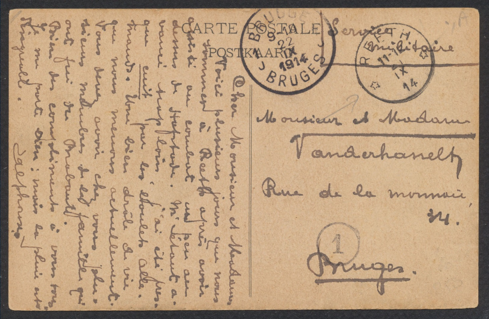 CP Vue En Service Militaire Obl Relais "Reeth" (1914) Vers Bruges / Guerre 14-18. - Postmarks With Stars