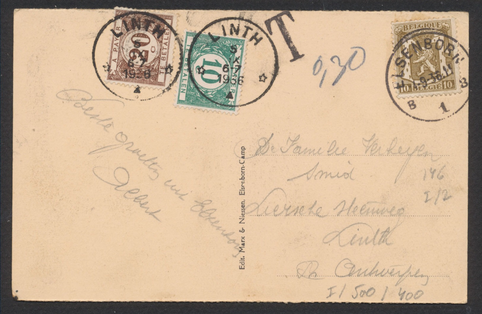 CP Vue Expédié D'Elsenborn (1936) Vers Linth , Taxée à 30ctm + Obl Relais "Linth" / Relais Taxé. - Postmarks With Stars