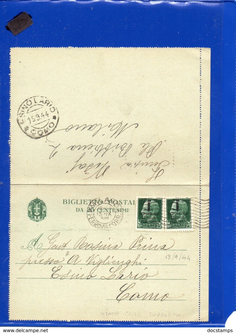 ##(DAN199)-Italia 1944-Biglietto Postale Cent.25 Utilizzato Come Supporto Ed Affrancato Da Milano Per Esino Lario (Como) - Poststempel