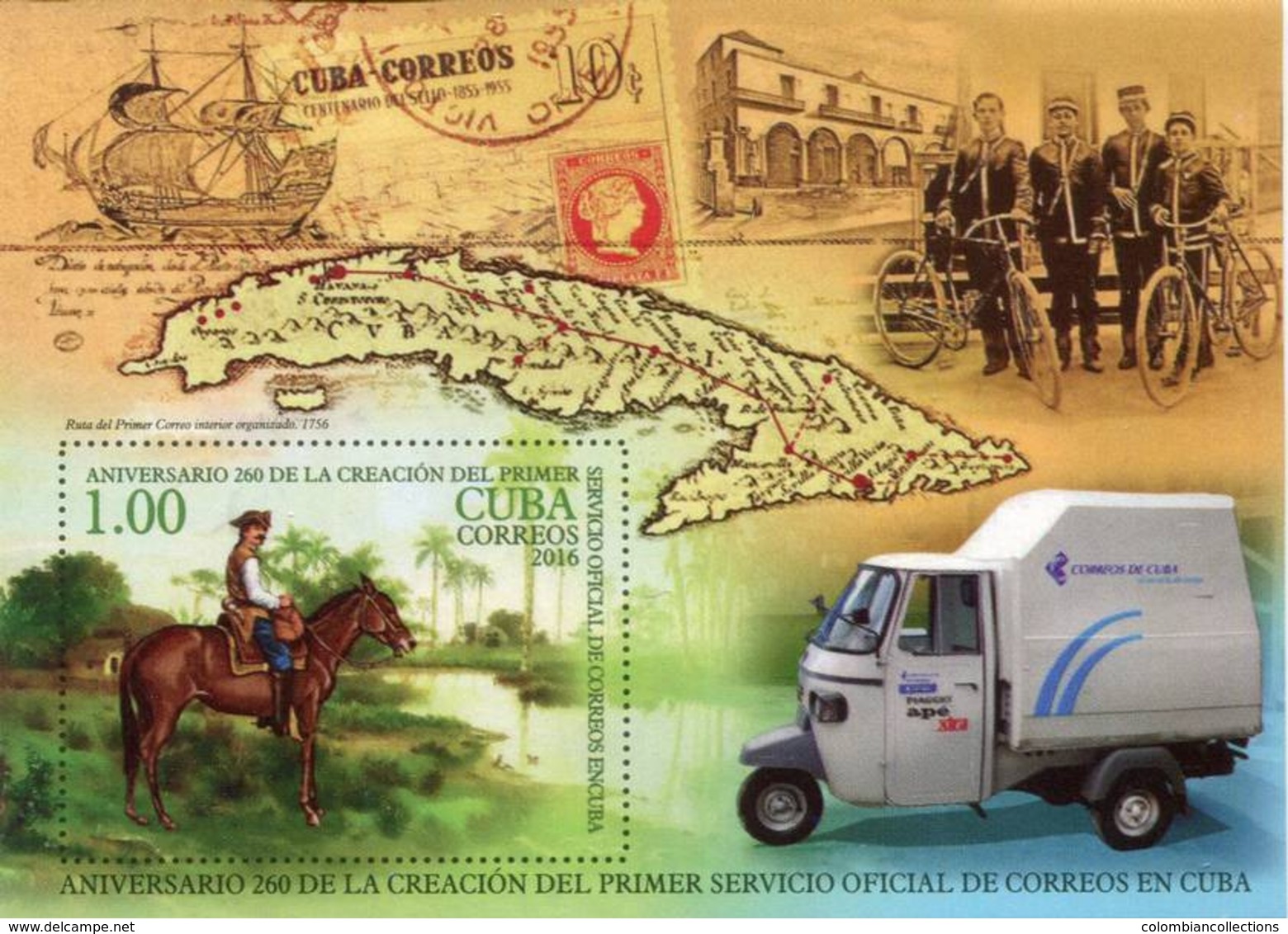 Lote CU2016-17H, Cuba, 2016, HF, SS, Creacion Del 1er Servicio Oficial De Correos, Bicycle, Sailboat, Horse, Map - Otros & Sin Clasificación