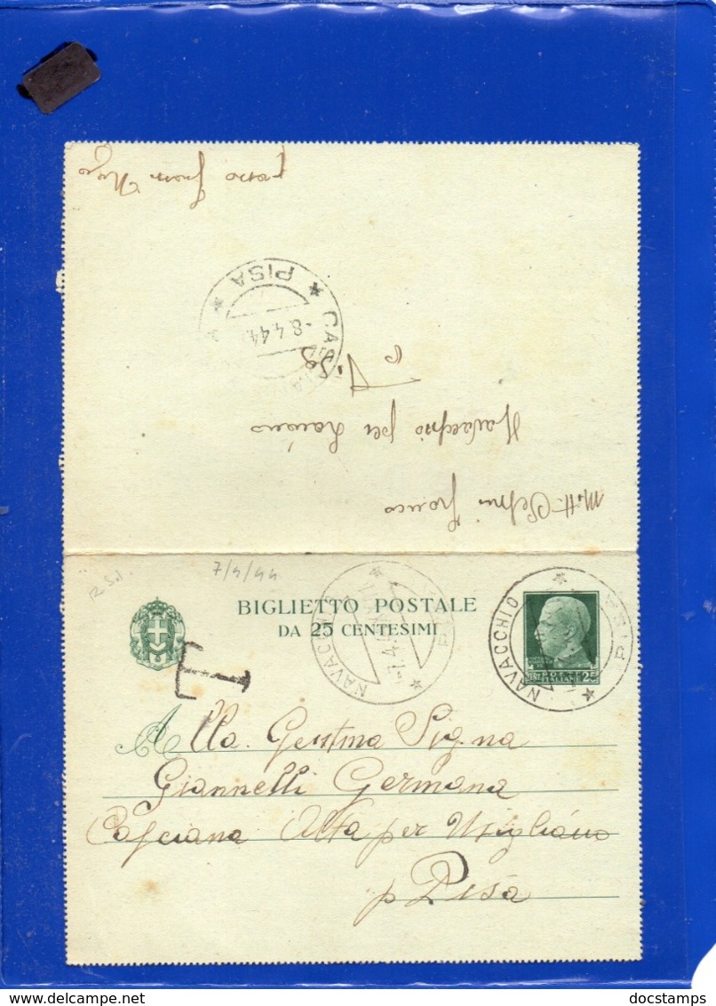 ##(DAN199)-Italia 1944-Biglietto Postale Cent.25 Da Navacchio Per Casciana Alta Per Usigliano (Pisa), Segno Di Tassa - Storia Postale