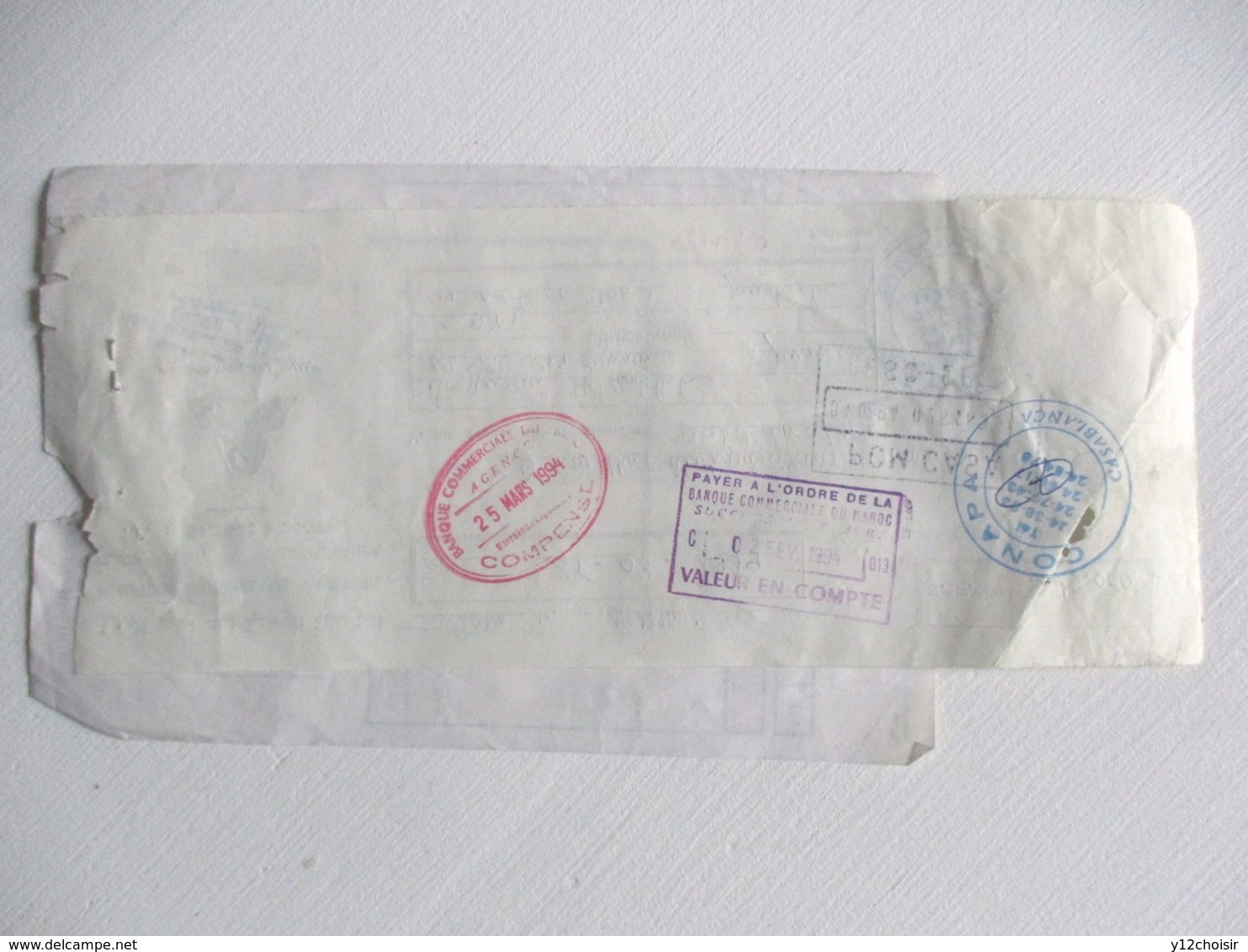 TIMBRE FISCAL AFRIQUE MAROC 1994 CASABLANCA MARRAKECH CREDIT DU MAROC AVIS DE DEBIT TAXE - Marruecos (1956-...)