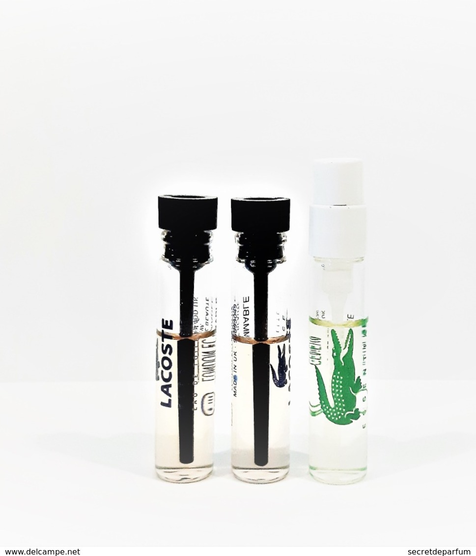 3 échantillons Parfum Tubes LACOSTE ESSENTIAL EDT  Et Élégance EDT - Echantillons (tubes Sur Carte)