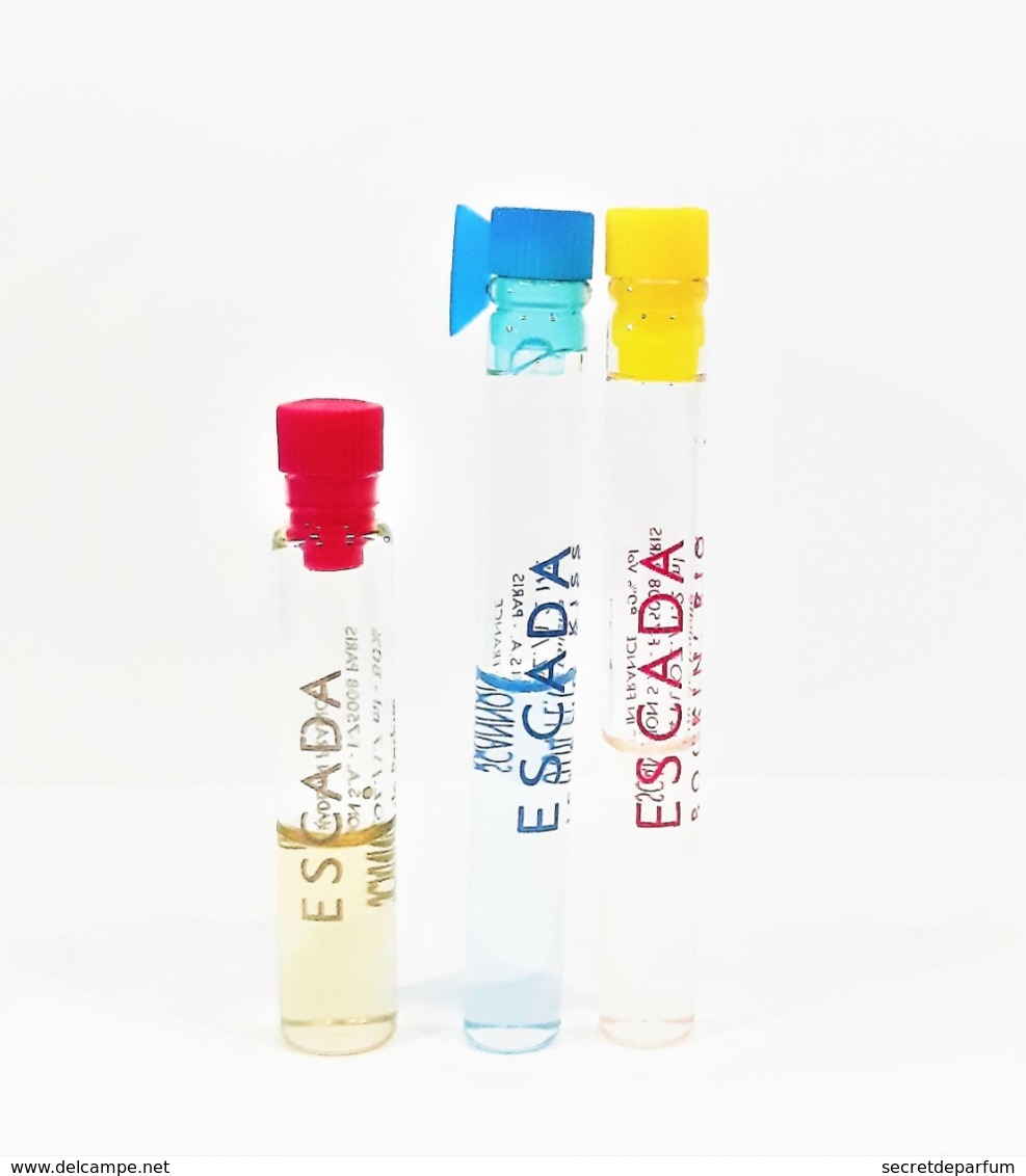 3 échantillons De Parfum Tubes  ESCADA ISLAND KISS  EDT +  ESCADA  EDP  +  ROCKIN ' RIO  EDT - Echantillons (tubes Sur Carte)