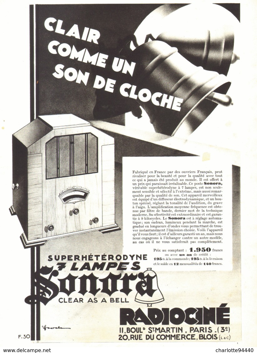 PUB RADIO SUPERHETERODYNE 7 LAMPES  " SONORA  "   1932 ( 2 ) - Otros & Sin Clasificación