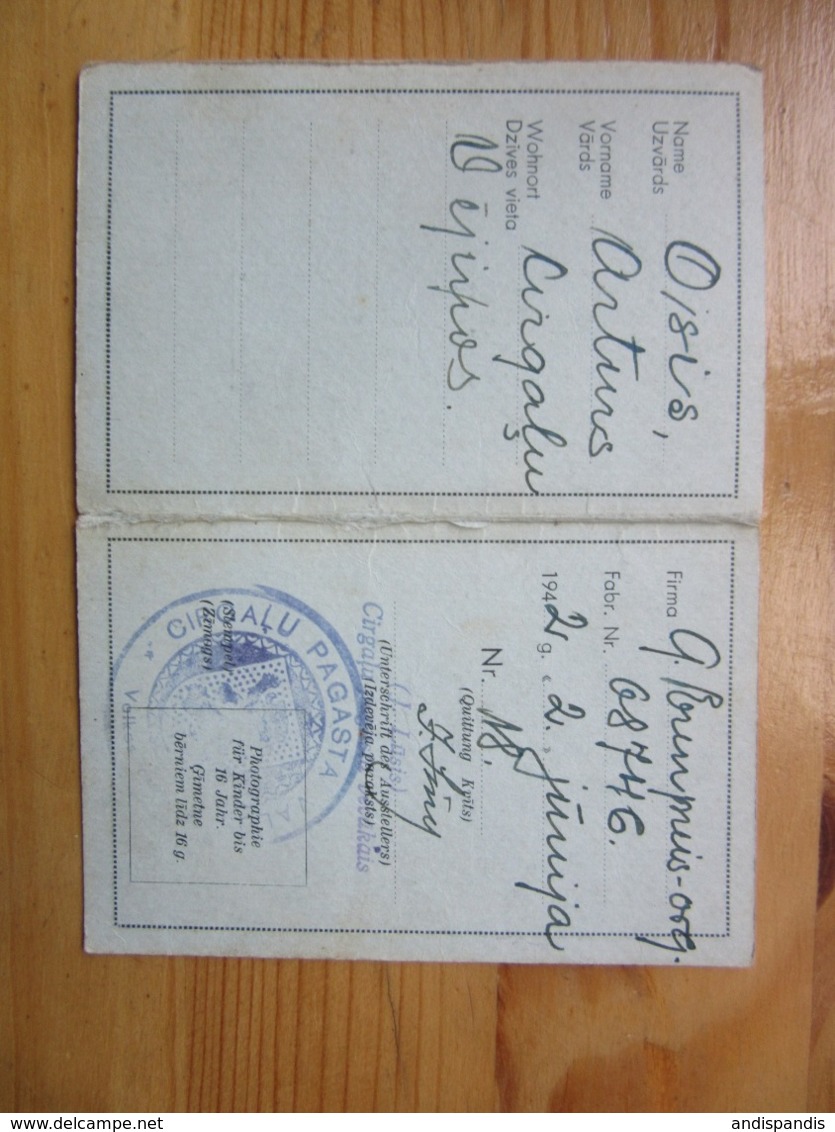 Latvia  Permit To Drive Bicycle Y 1942  WWII  German Occupation - Documents Historiques