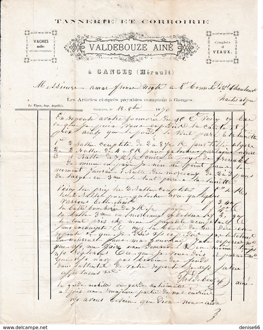 1870 - GANGES - TANNERIE & CORROIRIE - VALDEBOUZE Aîné - - Documents Historiques