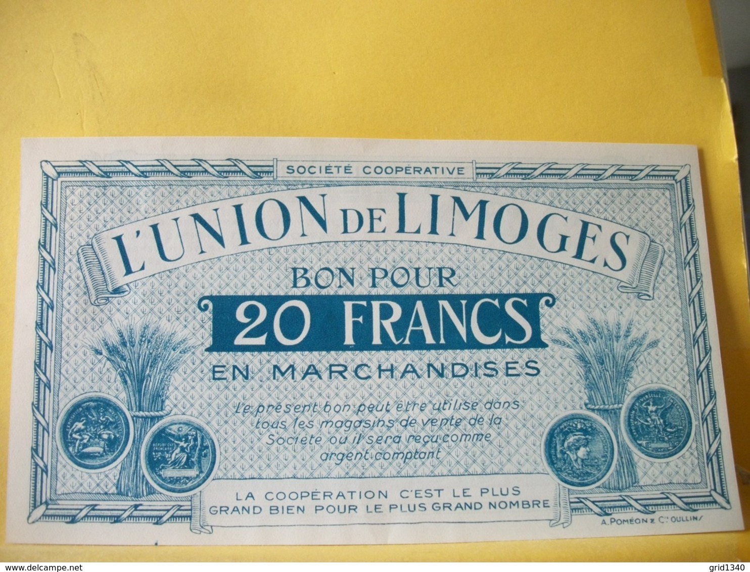 A935 - 87 SOCIETE COOPERATIVE L'UNION DE LIMOGES 20 FRANCS - Bons & Nécessité