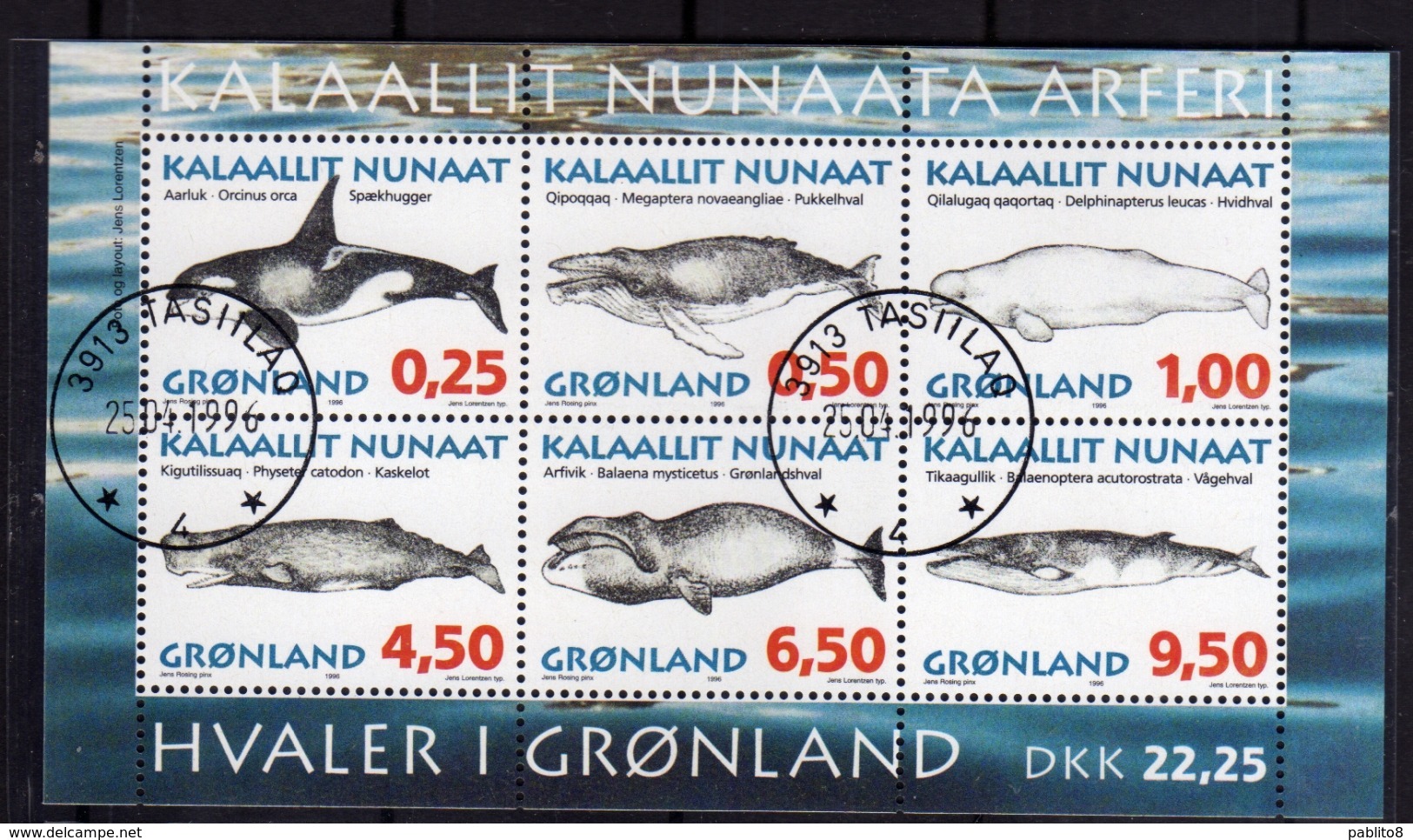 GREENLAND GRONLANDS GROENLANDIA GRØNLAND 1996 SEA FAUNA WHALES BALENE BLOCK SHEET BLOCCO FOGLIETTO FIRST DAY CANCEL FDC - Blocchi