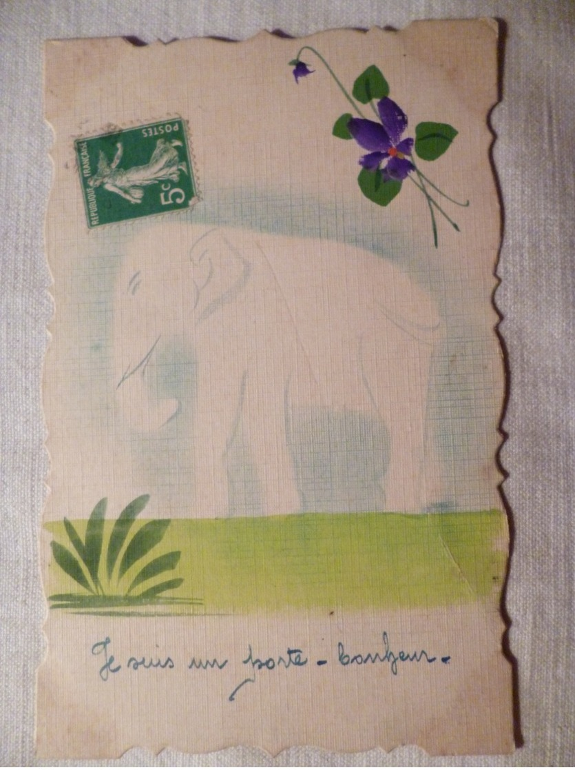 Cpa Fantaisie Elephant Fleur Violette Postcard Violet Carte Postale Ancienne - Éléphants