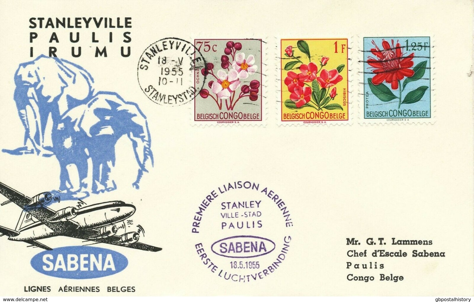BELGISCH-KONGO 1955 Selt. Kab.-Inlands-Erstflug Der SABENA Stanleyville - Paulis - Storia Postale