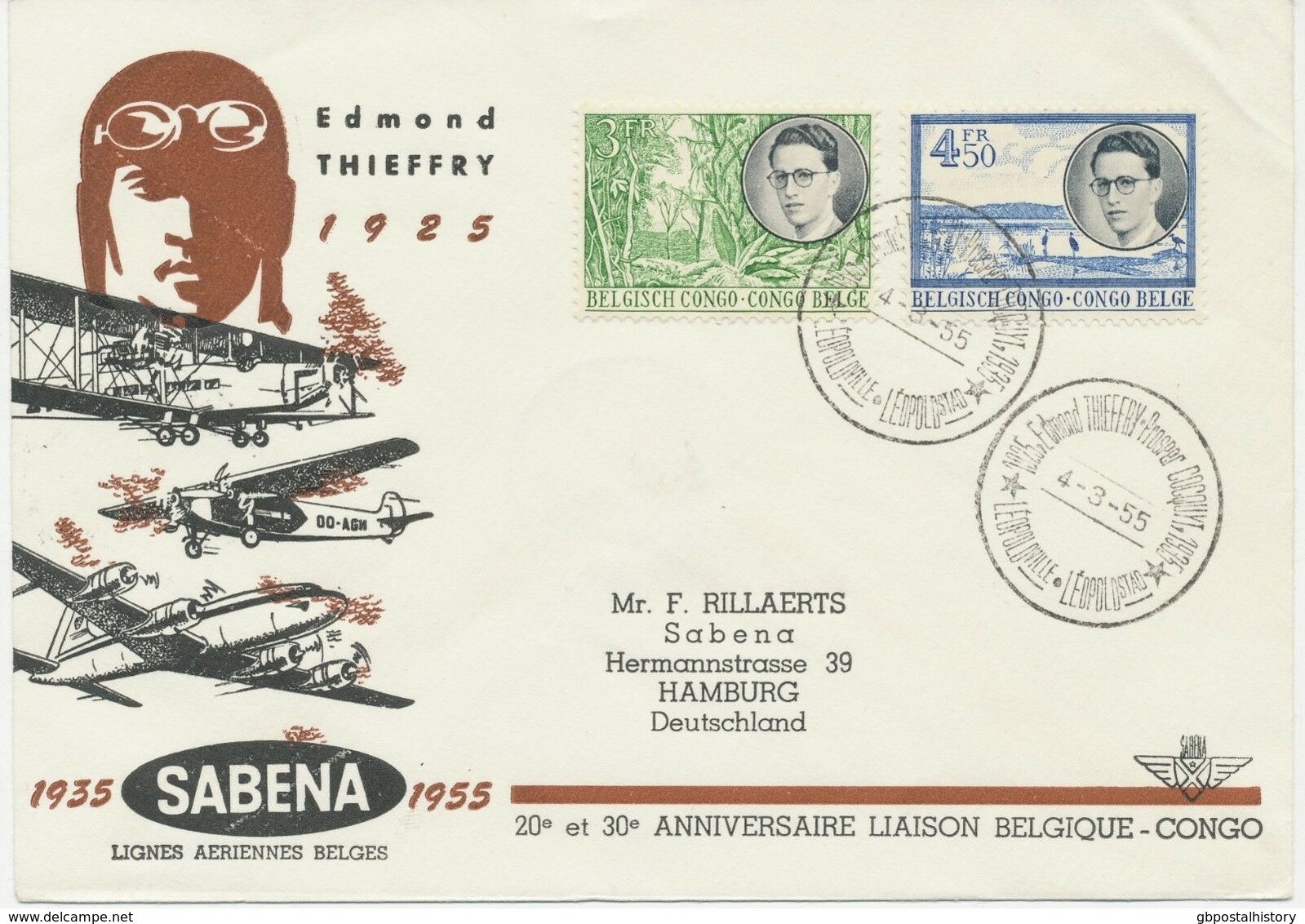 BELGISCH-KONGO 1955 Sonderflug Der SABENA 20 Jahre SABENA LEOPOLDVILLE - HAMBURG - Cartas & Documentos