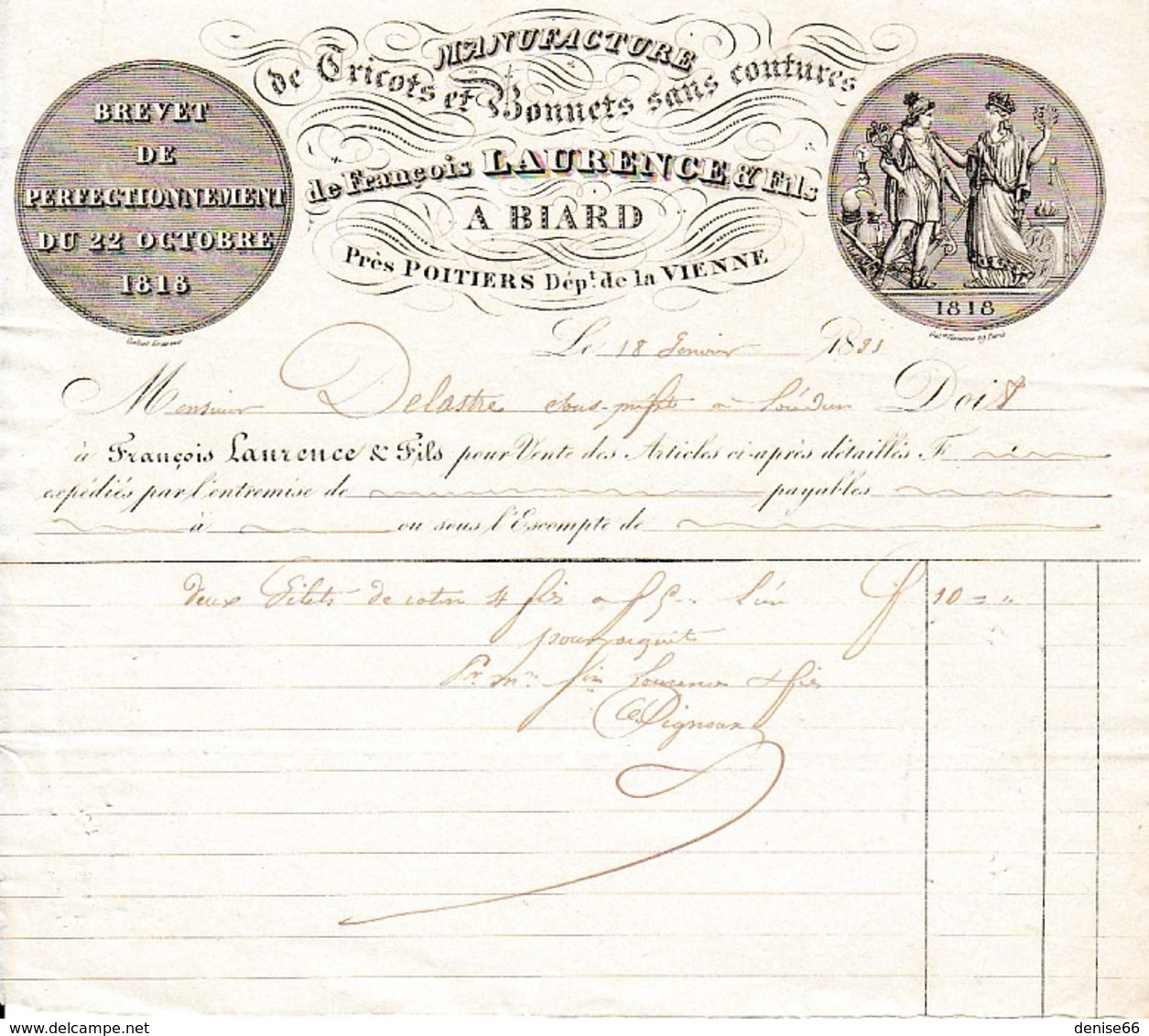 1871 - BIARD (86) Manufacture De TRICOTS & BONNETS Sans Coutures - François LAURENCE & Fils - Documents Historiques