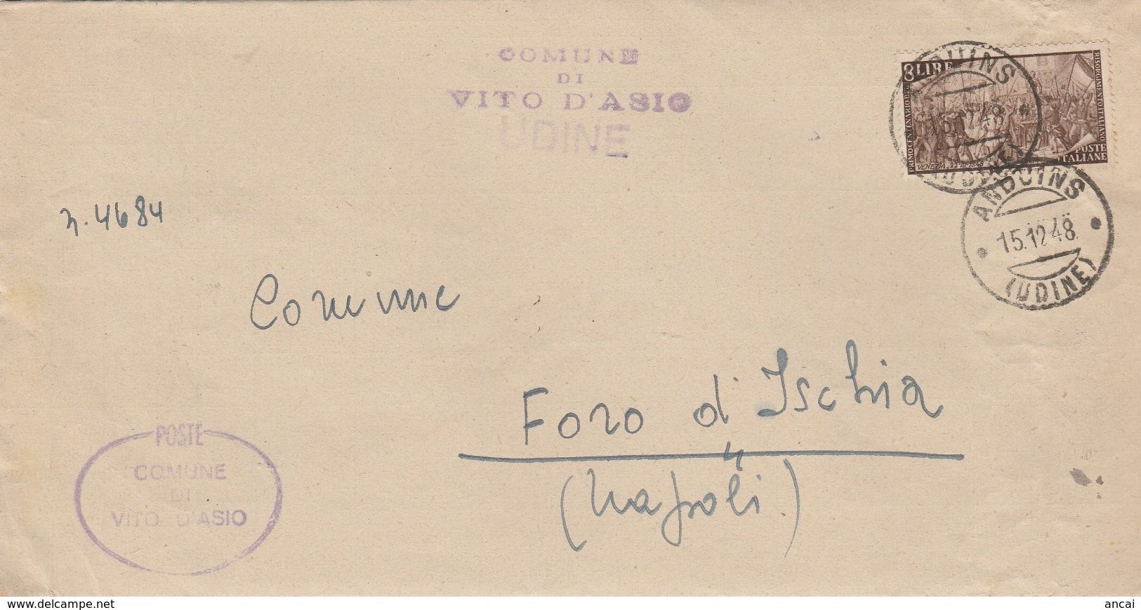 Anduins. 1948. Annullo Guller ANDUINS (UDINE) + Ovale COMUNE DI VITO D'ASIO, Su Lettera Affrancata Con Risorgimento L. 8 - 1946-60: Marcophilie