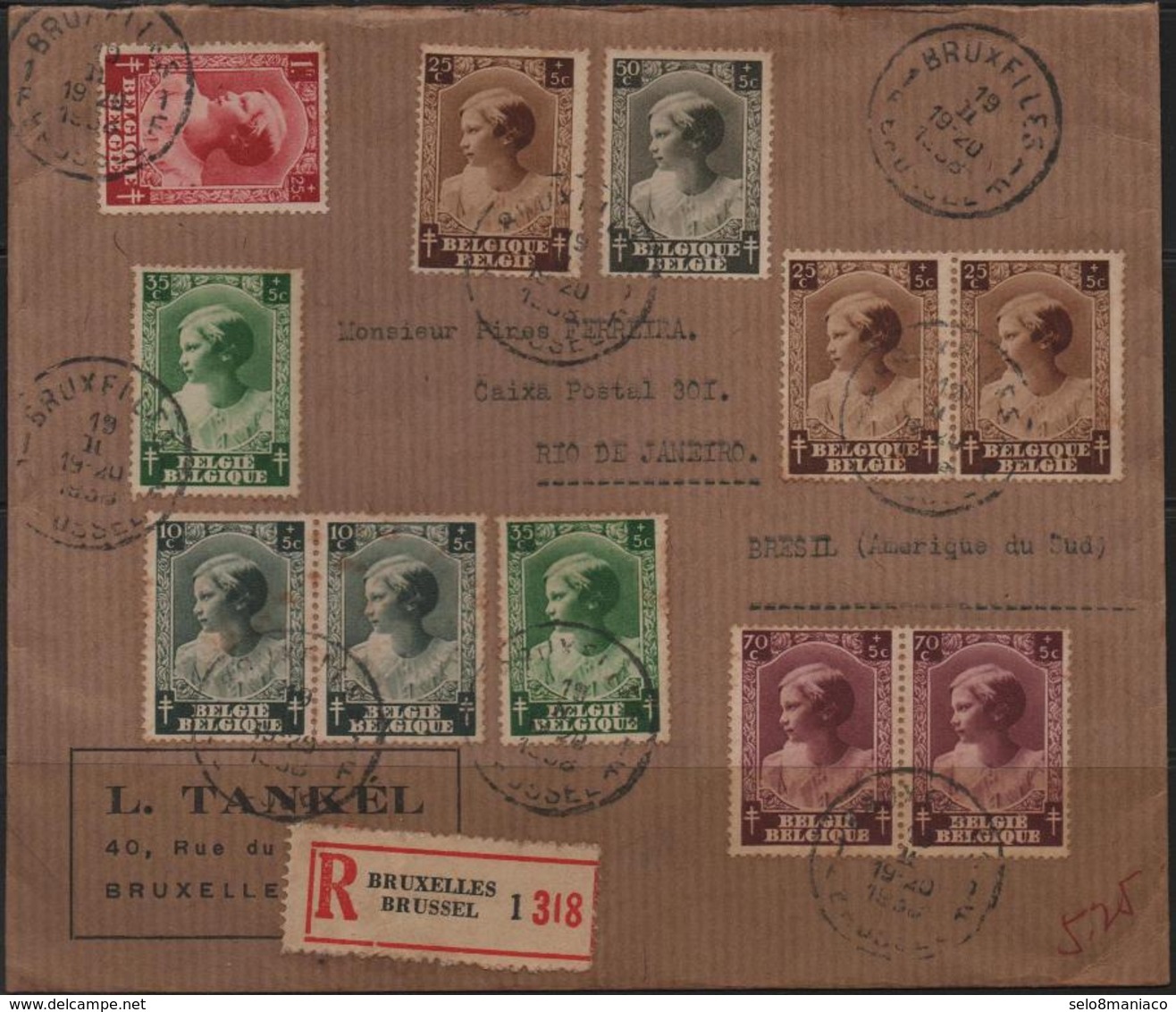 C3487-Belgium-Registered Manila Cover From Brussels To Rio, Brazil-1938 - Covers & Documents