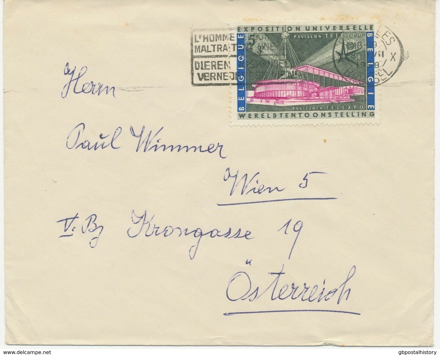 BELGIEN 1958 5 Fr Pavillon Telexpo EF „DIERENMISHANDELING VERNEDERT DE MENS“ - Vlagstempels