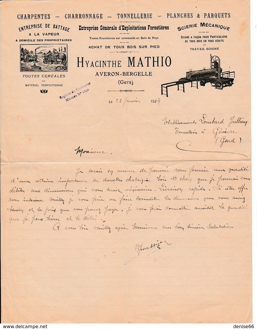 1924 - AVERON-BERGELLE (32) - Exploitations Forestières - Hyacinthe MATHIO - Entreprise De Battage, Scierie Etc. - Documentos Históricos