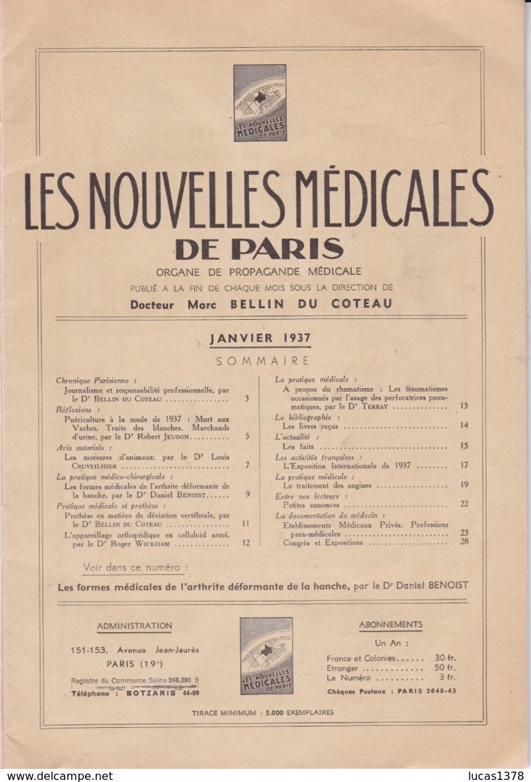 SANTE / MEDECINE / LES NOUVELLES MEDICALES DE PARIS 1937 / VOIR SOMMAIRE / RARE / TBE - Ciencia