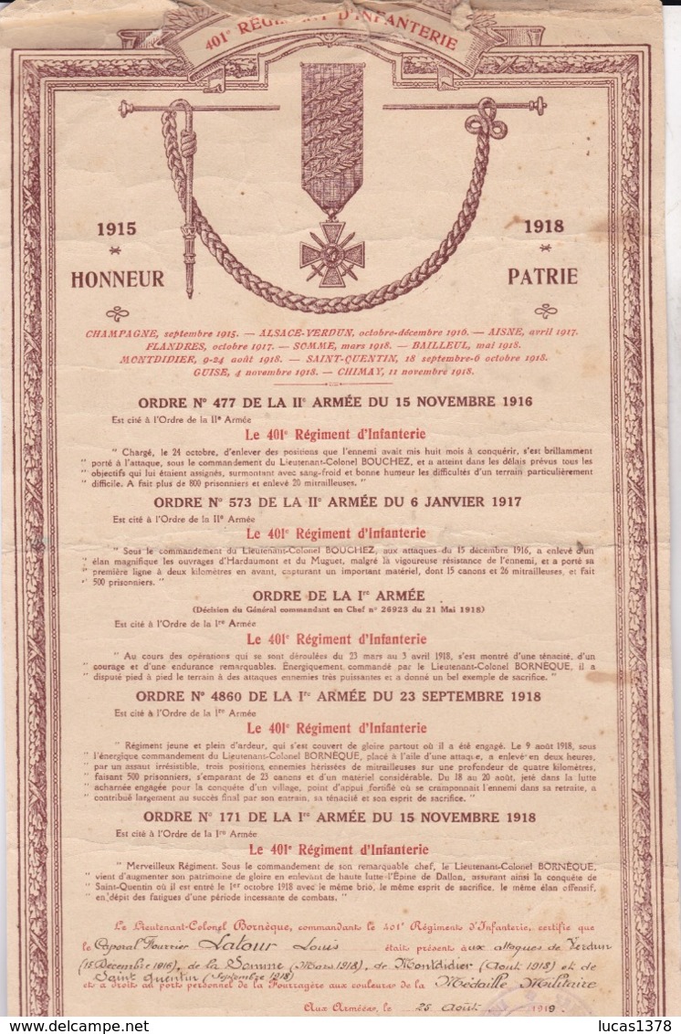 CITATION A L ODRE SOLDATS DU 401 EME REGIMENT POUR COMBATS SOMME ET VERDUN - 1914-18