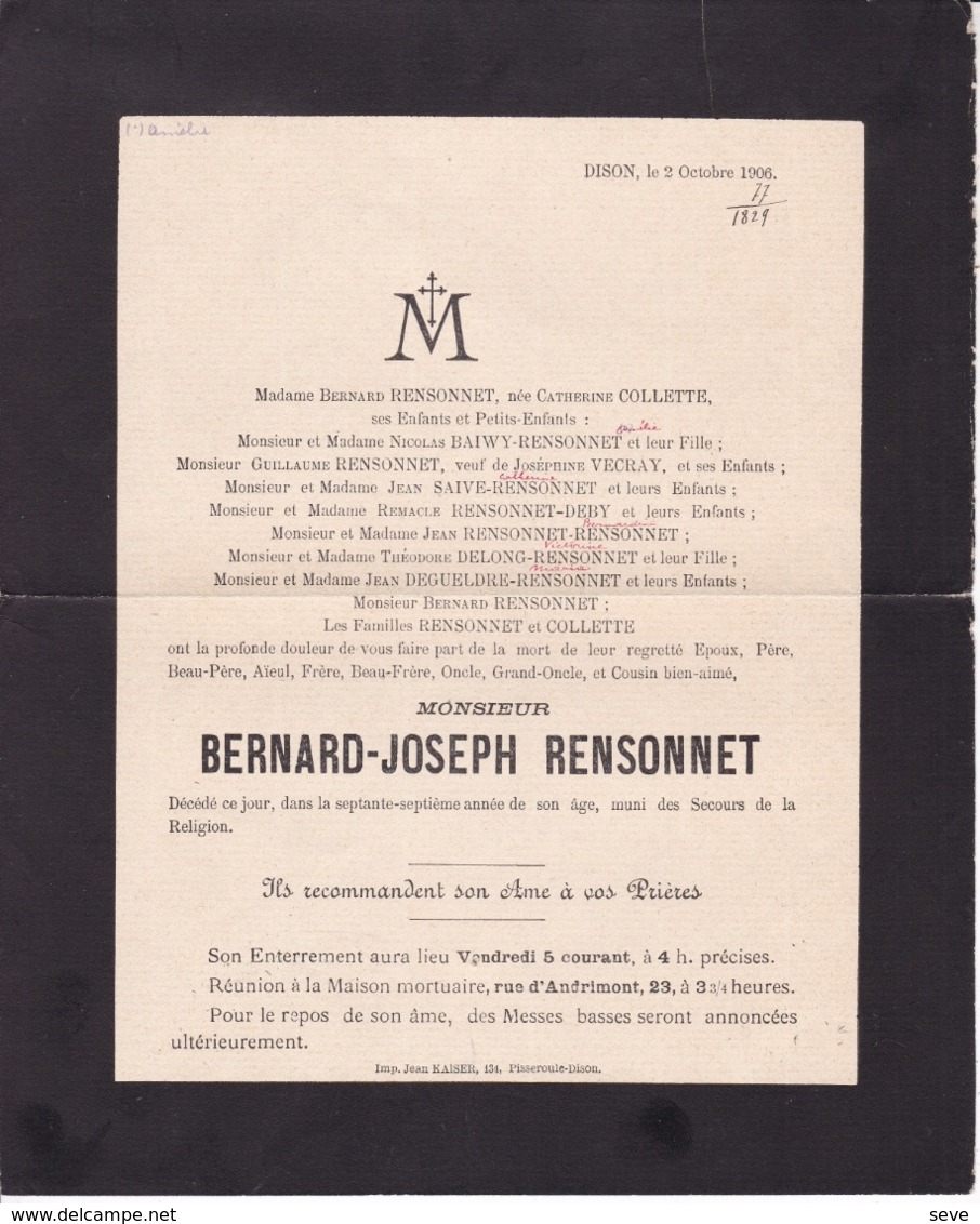 DISON Bernard-Joseph RENSONNET 77 Ans 1906 Famille COLLETTE BAIWY SAIVE Etc Faire-part Mortuaire - Esquela